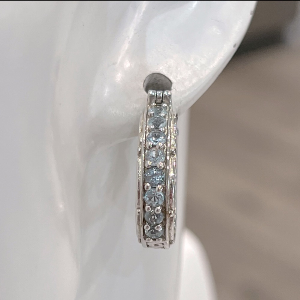 Sky Blue Topaz Silver Scroll Detailed Hoop Earrings - Picture 7 of 14